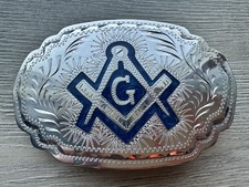 Vintage Handcrafted MASONIC Belt Buckle Blue Enamel Square Compass Silver Signed