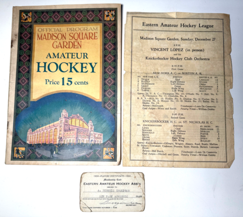 VTG 1925 PROGRAM +PLAYER I.D MADISON SQUARE GARDEN AMATEUR HOCKEY LEAGUE INSERT - Picture 1 of 12