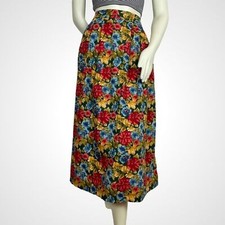 Handmade Vintage Floral Skirt Midi Bright Flowers Elastic Waistband Pockets Blue