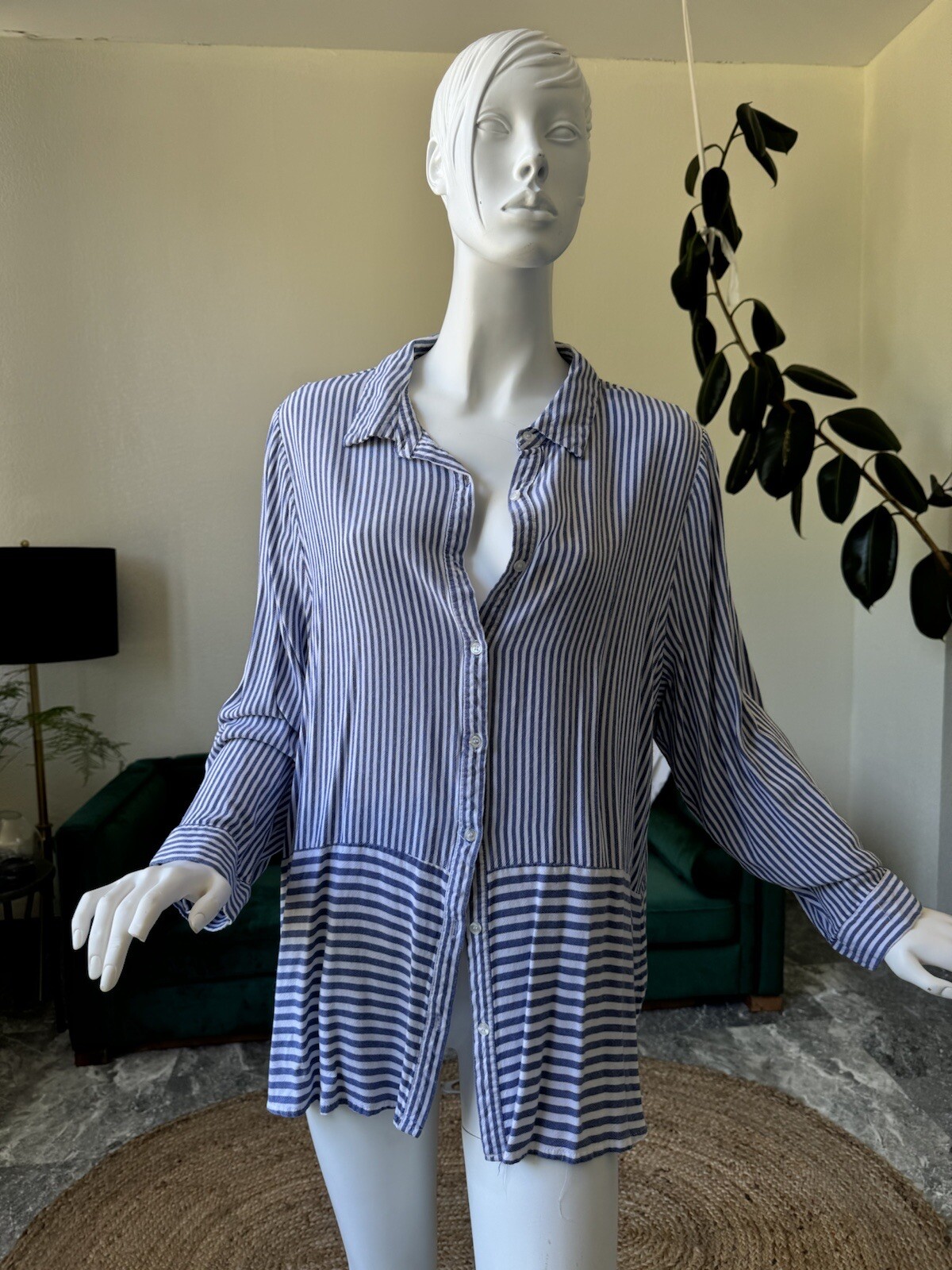 CJ Banks-1X-blue And White Striped V-neck Button Down Shirt