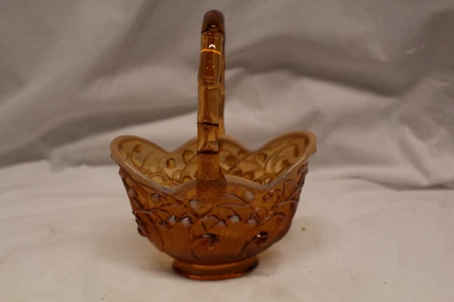 Fenton Embossed Amber Snow Crest 8" Glass Basket Vintage
