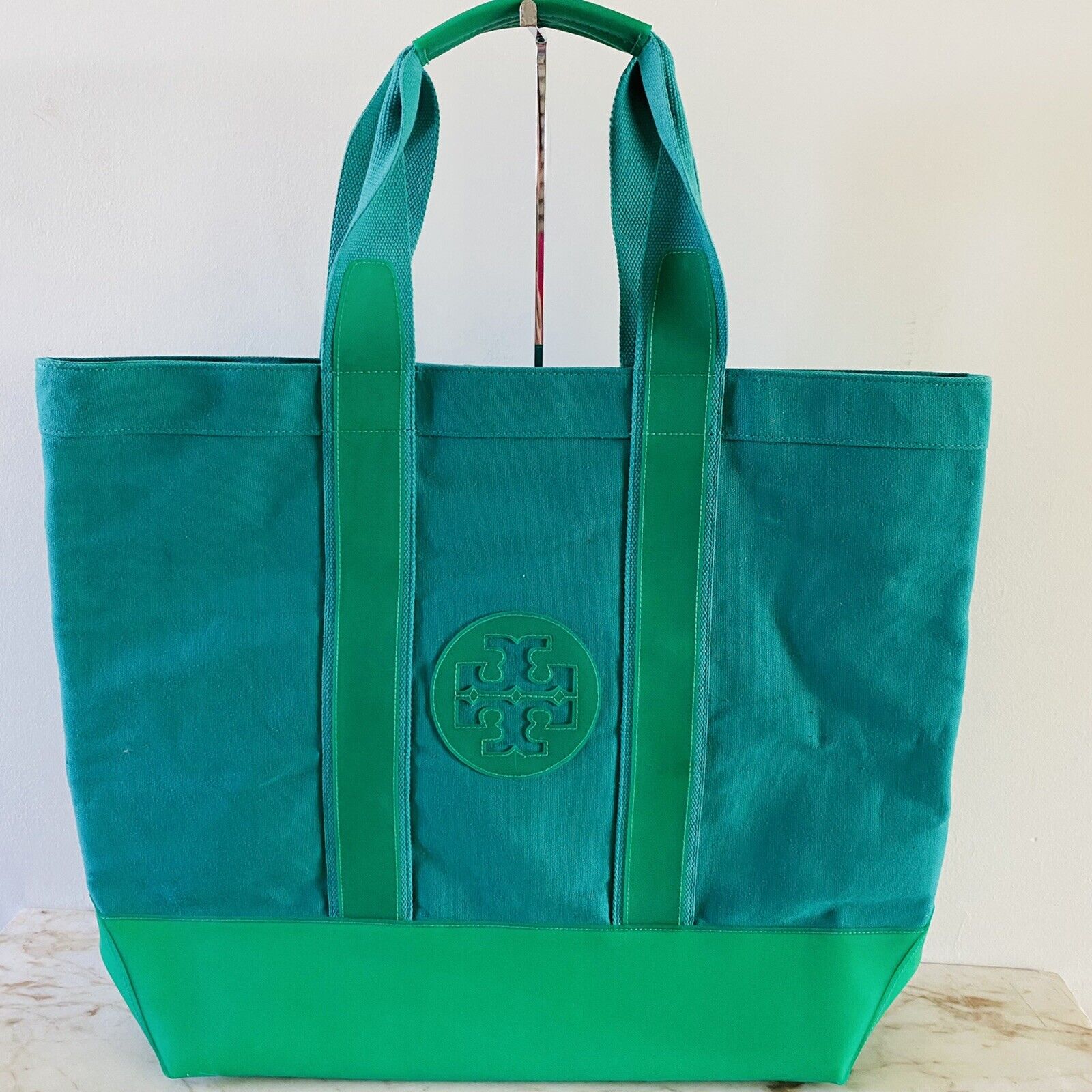 TORY BURCH Solid Green Color Block Extra Large Canvas Tote | eBay