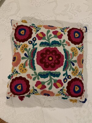 Pier 1 Floral Embroidered Pillow W/ Tassles Boho 18 x 18  Very Colorful!