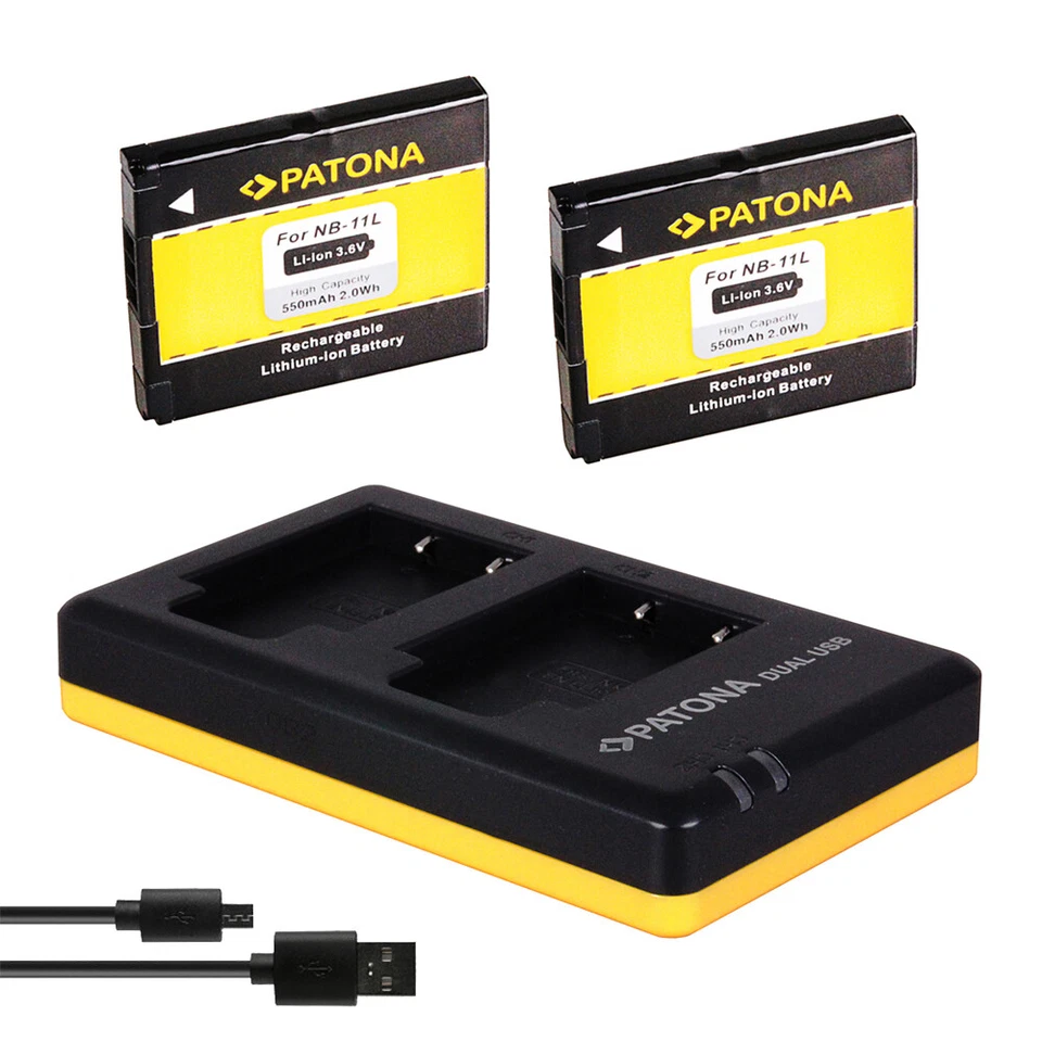 PATONA 2 Akku + Dual-Ladegerät für Canon Ixus 170, 175, 180, 185, 190, 285 HS - NB-11L