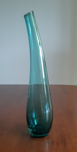 Vintage Curved Aqua Hand Blown Art Glass Vase