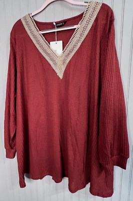 BloomChic Women TOP 18 20 Dark Orange Crocheted V-Neck Knit Waffle Weave NEW