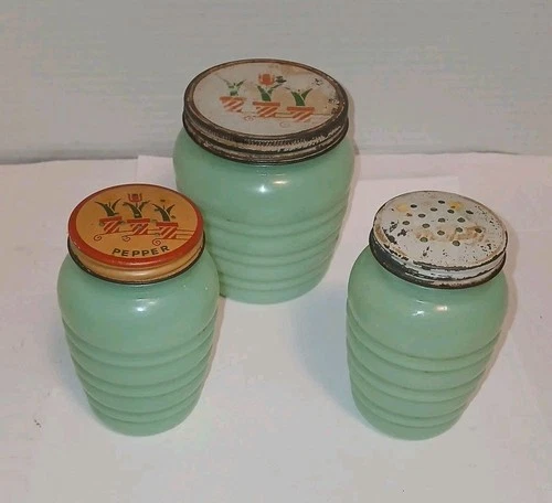Fire King Jadeite Beehive Grease Jar & Salt, Pepper Shakers, w/Lids (SEE PICTURE