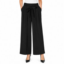 Zara Womens Black Wide Leg Pants M High Waist Elastic Belted Stretch Trousers