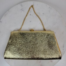 VINTAGE Lame Clutch 9.5" Gold Chain Metal Clasp Retro Evening Handbag Purse