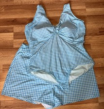 Lands' End Blue White Gingham One Piece Suit and Swim Shorts 22w/20w Vacation