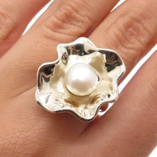 HAGIT GORALI Sterling Silver Vintage Israel Pearl Flower Modernist Ring Size 5.5