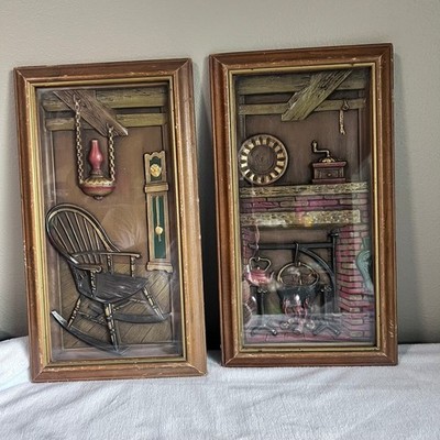 Pair Vintage Turner Wall Accessories 3D Colonial Scenes Fireplace & Rocker