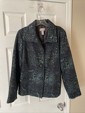 Chicos Button Gorgeous Blue Floral Long Sleeve Blouse Jacket Sz 1 gorgeous