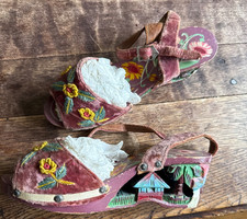 Vintage WWII Philippines Hand Carved Wood Embroidered Velvet Bakya Shoes