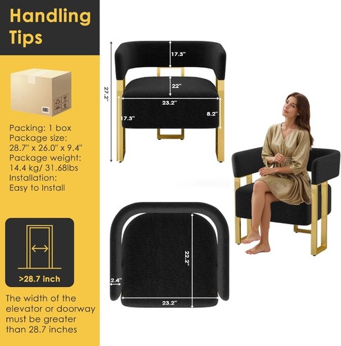 Modern Black and Gold Accent Chair Set of 2 Boucle Bucket Arm Chairs Bedroom - Picture 3 of 28