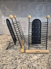 Vintage Black Metal CD Rack W/ Wood Compact Disc Standing Storage Tower Lot 2 