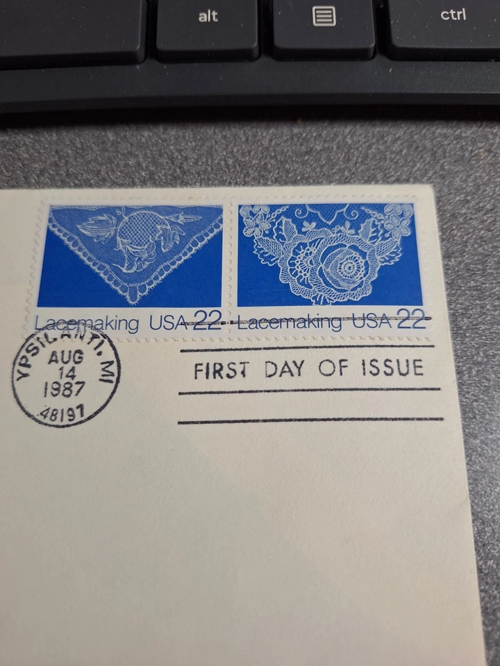 1987 First Day Cover 22c stamps (2) Lacemaking art cachet envelope  - Image 2 of 3
