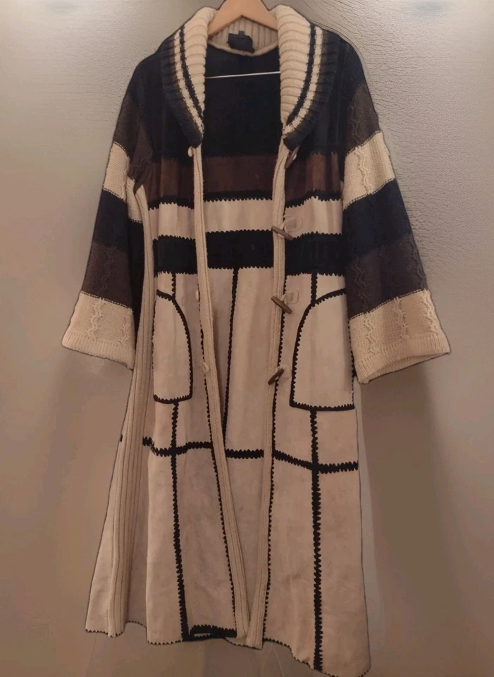 VTG 70s Leather Bug Suede Knit Duster Coat Korea Boho Toggle Unisex S - Image 2 of 4