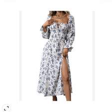 SHEIN White Blue Floral Square Neck Bell Sleeve Side Slit Midi Dress Size S