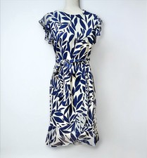 Shelby & Palmer Faux Wrap Belted Midi Dress Cap Sleeves Blue White Floral Sz 8