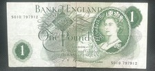 1960 s BANK OF ENGLAND * 1 POUND BANKNOTE PAPER MONEY BILL * QUEEN ELIZABETH
