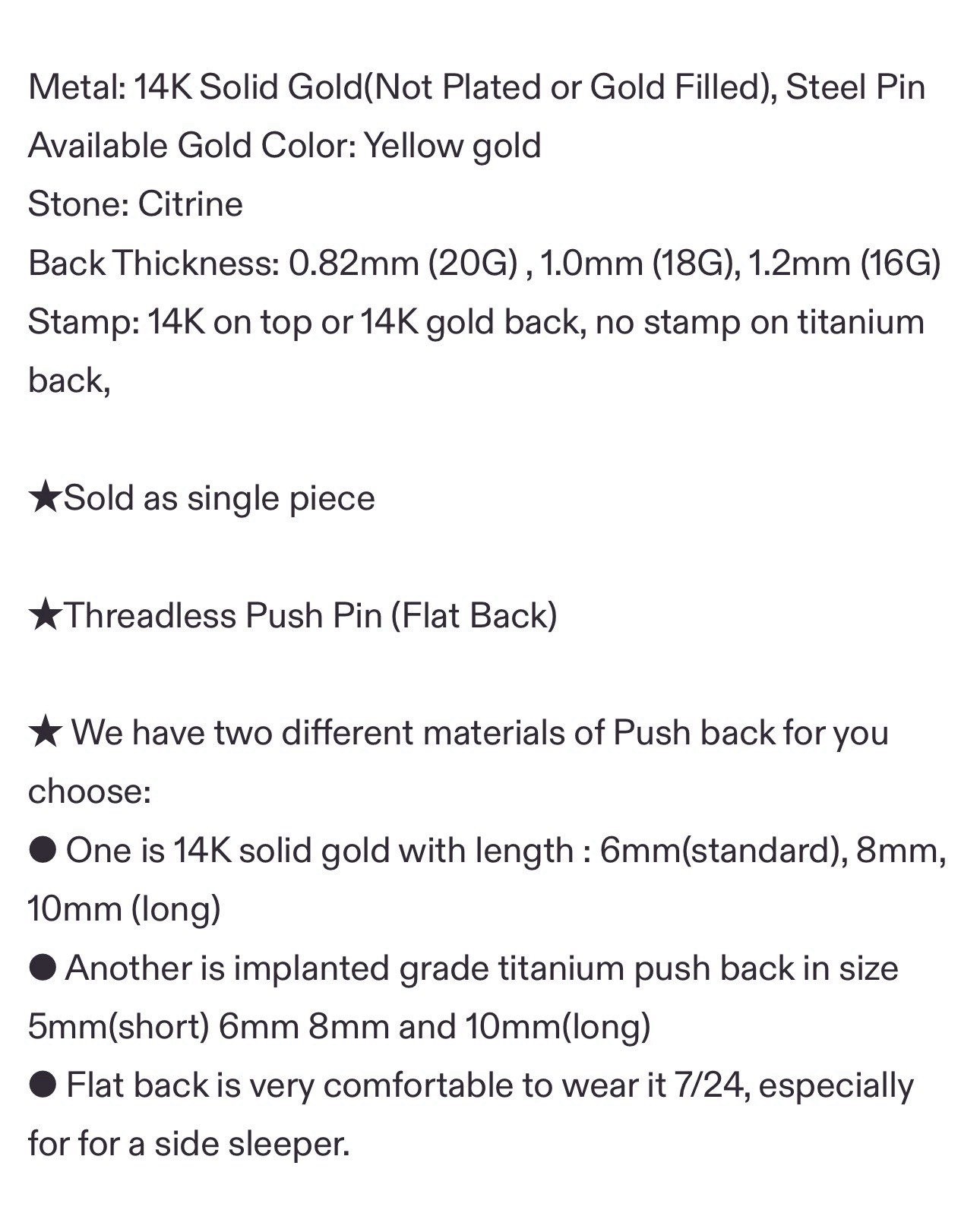 Solid 14k Yellow gold Citrine Threadless Earring … - image 6