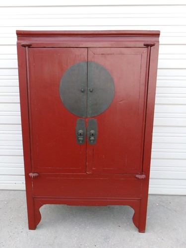 Red Asian Armoire Chinese Wedding Cabinet Medicine Bookcase TV Dowry Mongolian