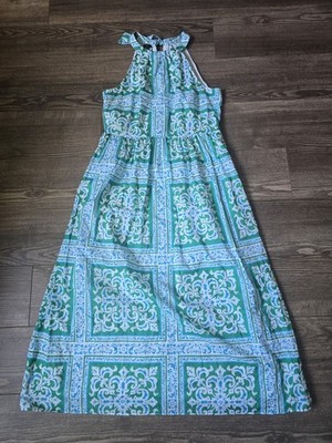 Talbots Dress Womens 8P Green Blue Halter Medallion Tiles Maxi Pockets Boho 