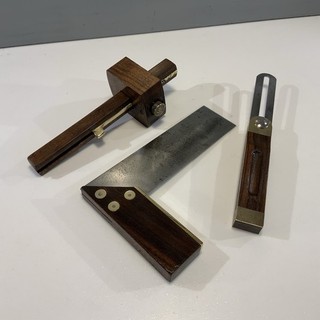 3 VINTAGE ROSEWOOD CARPENTERS TOOLS : BEVEL GAUGE / MARKING GAUGE / 6” TRY SQ