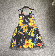 Sleeveless Fit  Flare Women's Dress Scoop Neck Floral Black Yellow Orange