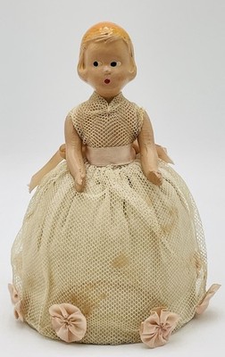 Vintage Composition Half Doll Sewing Pin Cushion Doll Vanity Accessory 7'' Tall