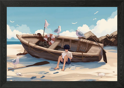 Junge liest mit dem Boot am Strand Gerahmtes Wandbild Poster Leinwanddruck Bild