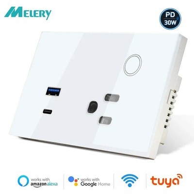 Melery US Tuya WiFi Smart Socket 30W PD USB-C 15A Voice Control Alexa Google Hom