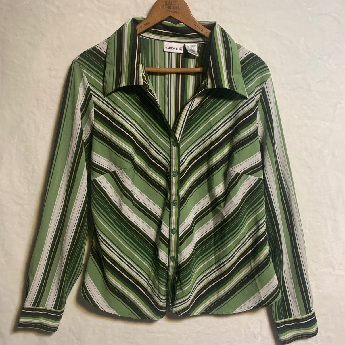 専用③ Fashion Bug Green Striped Button Down Shirt Retro Blouse Womens L