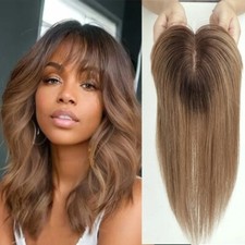 10x14cm Ombre Brown Human Hair Topper with Bangs Silk Base Clips in Hair Piece