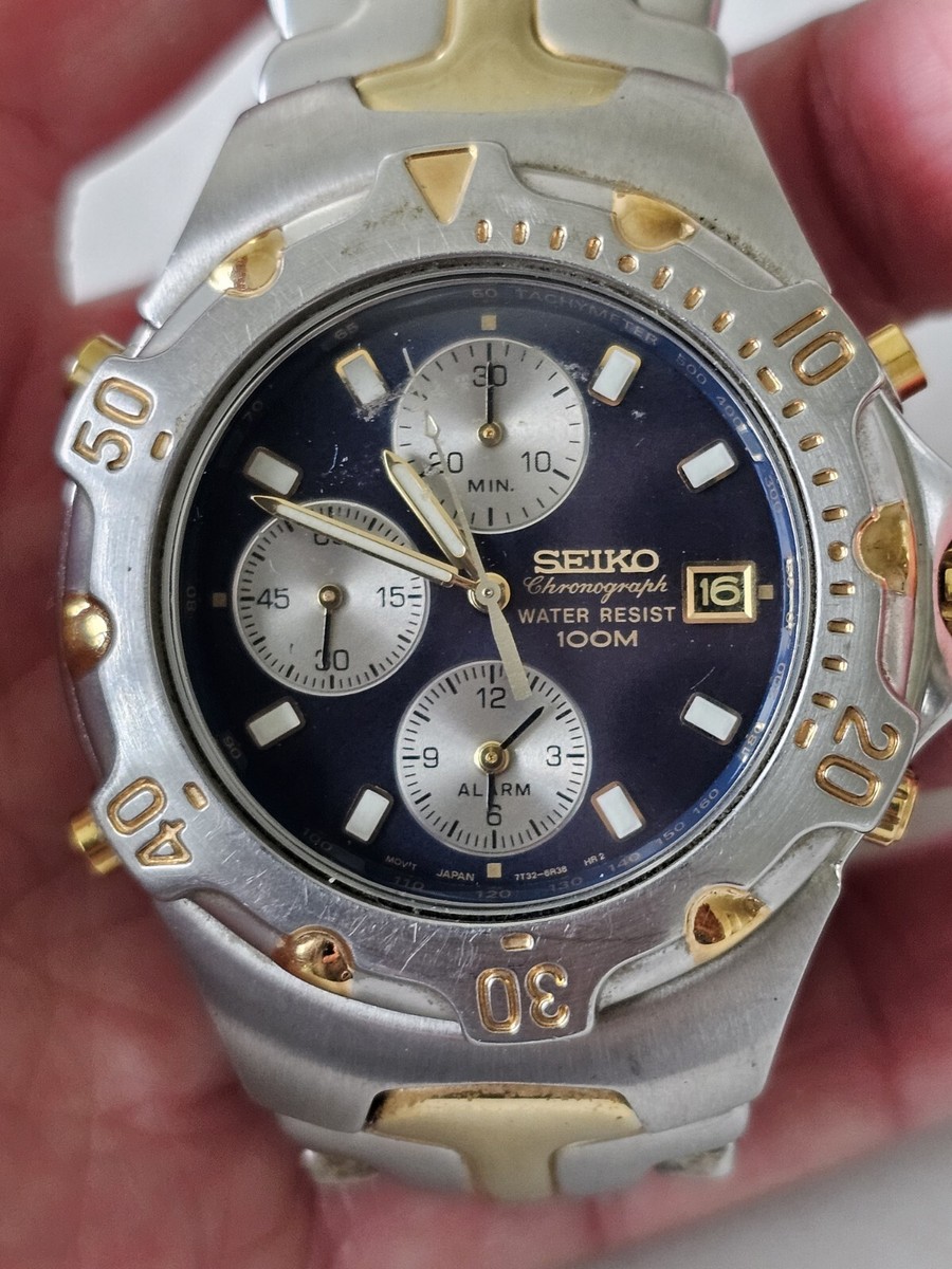 Vtg Seiko Chronograph Mens Watch 7T32-6M49 Blue Gold Silver Vtg Seiko Chronograph Mens Watch 7T32-6M49 Blue Gold Silver