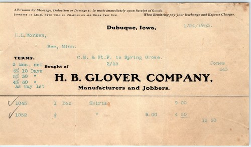 Dubuque 1903, IA H.B. Glover Membrete Ropa Recibo Factura Spring Grove R1 - Imagen 2 de 3