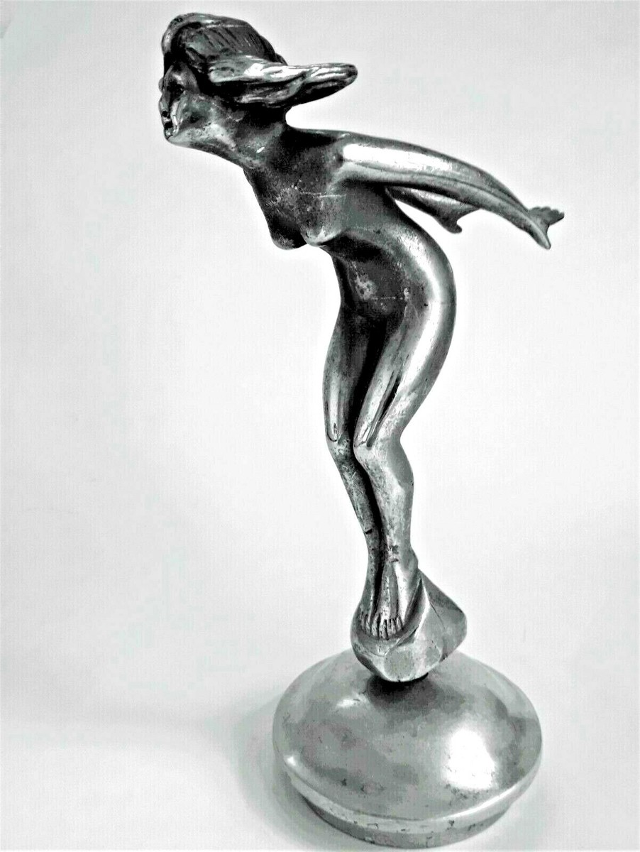 Rare 1920s woman hood ornament Speed Nimph. Goddess emblem. Car