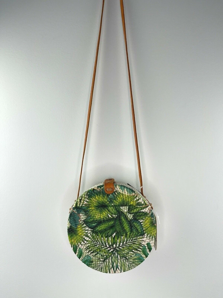 Straw Studios Green Leaf Round Circle Woven Shoulder Crossbody Bag Purse NWT