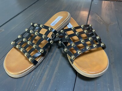 STEVE MADDEN Black Gold-Tone Studded Slides Sandals Women's size Strappy  EUC