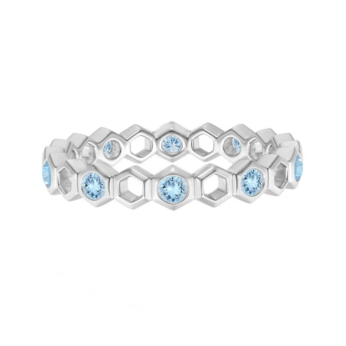 Full Eternity Round Aquamarine Hexagonal Ring 925 Silver Valentine Gift For Her