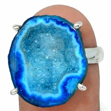 Sparkling Blue Geode Druzy 925 Sterling Silver Ring - Size 7