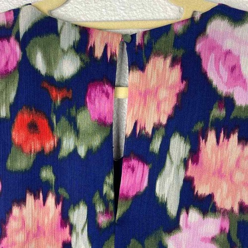 Vestido Calvin Klein Talla 2 Mujer Azul Marino Rosa Floral 3/4 Volantes Manga Campana Gasa - Imagen 8 de 10