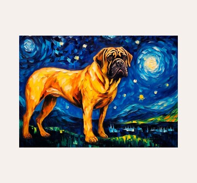 Bullmastiff Dog in Starry Night Poster Print A3 Size