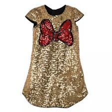 Disney Store Minnie Mouse Bow Gold Sequin Shift Girls Party Dress Holiday NEW