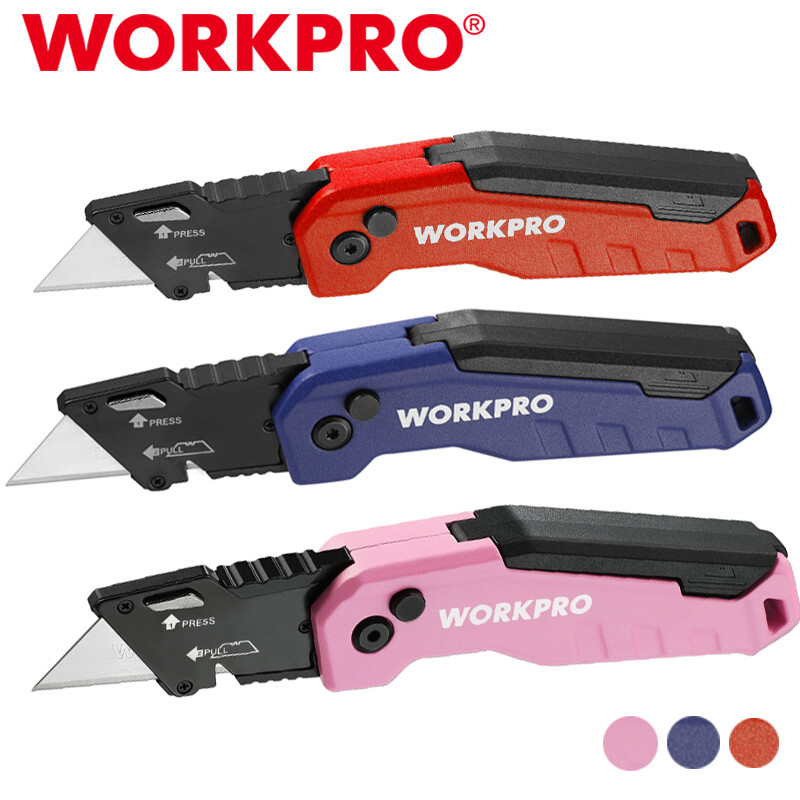 WORKPRO Folding Utility Knife Quick Change Box Cutter w/13PC Blade Blue/Pink/Red