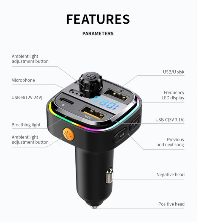 Auto Ladegerät Adapter Auto PD USB Wireless Bluetooth LED FM Transmitter MP3 Player - Bild 2 von 4