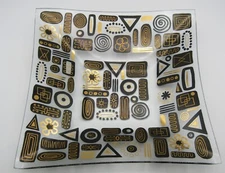 MID-CENTURY MODERN ORA SIGNED SQ. GLASS BOWL (BLACK & GOLD GEOMETRIC PATTERN)