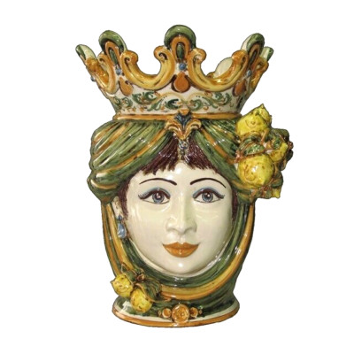 Keramik Skulptur von Caltagirone Vase Maulbeerkopf Frau mit Zitronen Vasenhalter 