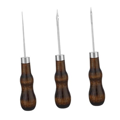 3x Sewing Awl Multifunctional Compact Portable with Wooden Handle Leather Awl